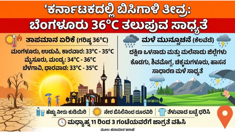 ಕರ್ನಾಟಕದಲ್ಲಿ ಬಿಸಿಗಾಳಿ ತೀವ್ರ: ಬೆಂಗಳೂರು 36°C ತಲುಪುವ ಸಾಧ್ಯತೆ.