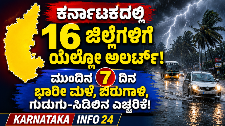 ಕರ್ನಾಟಕದಲ್ಲಿ 16 ಜಿಲ್ಲೆಗಳಿಗೆ ಯೆಲ್ಲೋ ಅಲರ್ಟ್