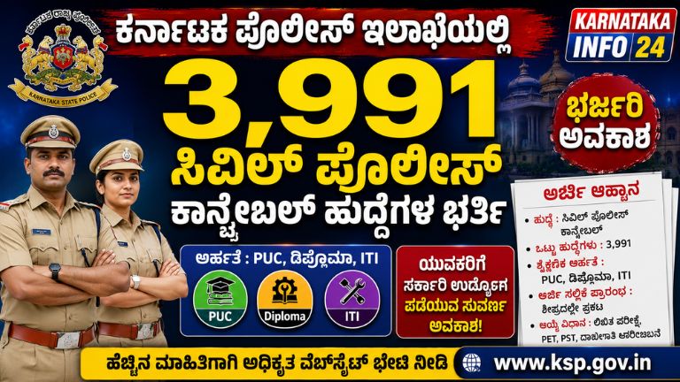ಕರ್ನಾಟಕ ಪೊಲೀಸ್(KSP) ಇಲಾಖೆಯಲ್ಲಿ 3,991 ಸಿವಿಲ್ ಪೊಲೀಸ್ ಕಾನ್ಸ್ಟೇಬಲ್ ಹುದ್ದೆಗಳ ಭರ್ತಿ